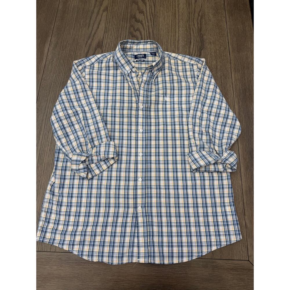 Chaps Plaid Button Down Shirt XL Blue Yellow Long Sleeve Cotton Blend